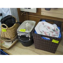 A LOT OF MISC MECASSA DISH SET, BASKETS, SERVNG DISH,