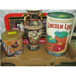 BOX OF MISC TINS, LINCOLN LOG GAME, COCA COLA SERVING TRAY, VASE ETC.