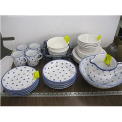 A LOT OF POLKA DOT WHITE/BLUE DISHES, ASSORTED BOWLS, PLATES ETC.