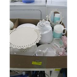 1 BOX OF MISC CAKE STANDS, CANISTERS, POTS, PAIR OF TIFFANY MUGS ETC.