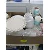 Image 1 : 1 BOX OF MISC CAKE STANDS, CANISTERS, POTS, PAIR OF TIFFANY MUGS ETC.