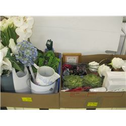 2 BOXES OF MISC ARTIFICIAL FLOWERS, BOOK ENDS, WEDGEWOOD POT ETC.