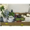 Image 1 : 2 BOXES OF MISC ARTIFICIAL FLOWERS, BOOK ENDS, WEDGEWOOD POT ETC.