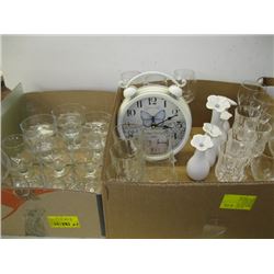 2 BOXES OF MISC GLASSWARE, CRYSTAL, CLOCK ETC.