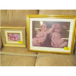 FRAMED PRINT OF  2 BABY ANGELS , SMALL PRINT OF  WOMAN SLEEPING 