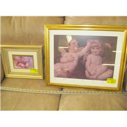 FRAMED PRINT OF  2 BABY ANGELS , SMALL PRINT OF  WOMAN SLEEPING 