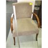 Image 1 : BROWN UPHOLSTERED CHAIR WITH WOODEN ARMS
