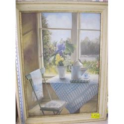 FRAMED PRINT OF  WITH TABLE & CHAIRS LOOKING OUT WINDOW 