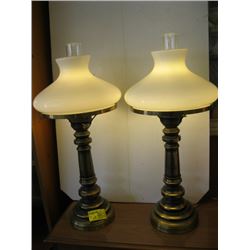 PAIR OF BRASS AND WHITE GLOBED LAMPS