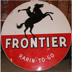 Frontier Gasoline "Rarin'-To-Go" Large (6 foot)  Enamel  Cowboy Sign - Rare!  (108313)