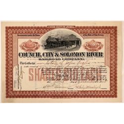 Council City & Solomon River Railroad Co Stock Certificate, Alaska, 1905  (111191)