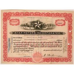Star Motors Stock Certificate with vignette of 'Star' in front of manufacturing plant.  (119401)
