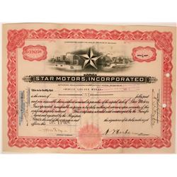 Star Motors Stock Certificate with vignette of 'Star' in front of manufacturing plant.  (119401)