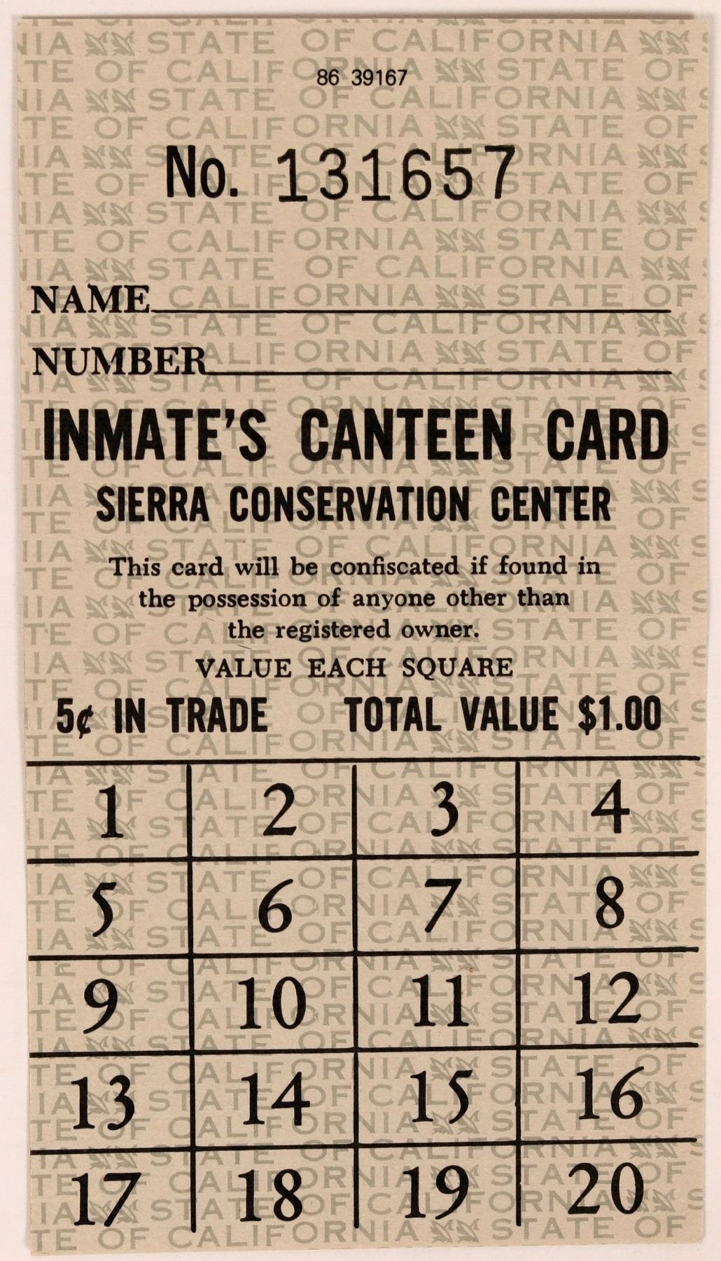 Inmate's Canteen Card Sierra Conservation Center (119102) Holabird