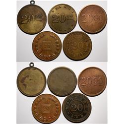 American 'Poker Chip Style' Counters -Five Different '20' counters.  (118212)