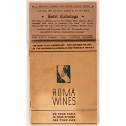 Roma Wines Advertising Booklet Plus Trade Card from Hotel Calistoga  (118321)