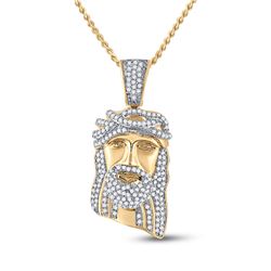 3/8 CTW Mens Round Diamond Jesus Face Charm Pendant 10kt Yellow Gold - REF-30H3W