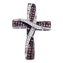 1/2 CTW Round Brown Diamond Cross Pendant 10kt White Gold - REF-30N3Y