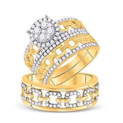 1 & 3/8 CTW His & Hers Round Diamond Cluster Matching Bridal Wedding Ring 14kt Yellow Gold - REF-167