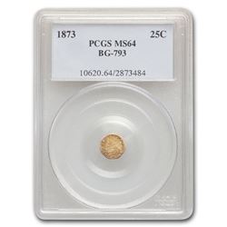 1873 Indian Octagonal 25 Cent Gold MS-64 PCGS (BG-793)