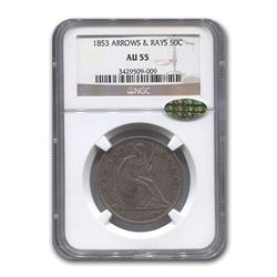 1853 Liberty Seated Half Dollar AU-55 NGC CAC (Arrows & Rays)