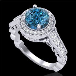 1.91 ctw Fancy Intense Blue Diamond Art Deco Ring 18k White Gold