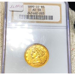 1890-CC $5 Gold Half Eagle NGC - AU58