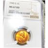 Image 1 : 1945-S Lincoln Wheat Penny NGC - MS 67 RD