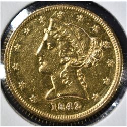 1842-D $5 GOLD LIBERTY  AU/BU