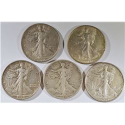 5 WALKING LIBERTY HALVES XF BETTER DATES