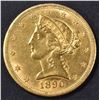 Image 1 : 1890-CC $5 GOLD LIBERTY  BU LIGHT OLD CLEANING