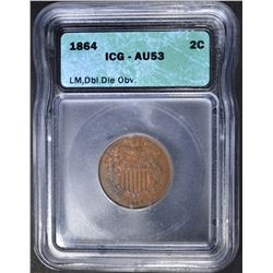 1864 2-CENT PIECE,  ICG AU-53