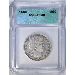 1908 BARBER HALF DOLLAR, ICG EF-40