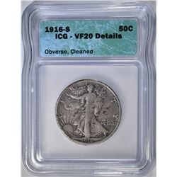 1916-S WALKING LIBERTY HALF DOLLAR, ICG VF-20