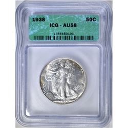 1938 WALKING LIBERTY HALF DOLLAR, ICG AU-58