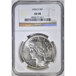 1934-D PEACE DOLLAR, NGC AU-58