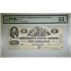 1862 $2 CONFEDERATE NOTE PMG 53 T-42