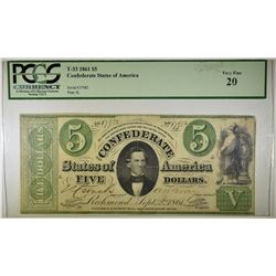 1861 $5 CONFEDERATE NOTE PCGS 20T-33