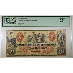 1861 $10 CONFEDERATE NOTE PCGS 25 T-22