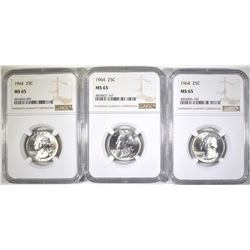 3-1964 WASHINGTON QUARTERS, NGC MS-65