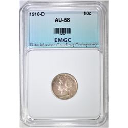 1916-D MERCURY DIME, EMGC AU/BU