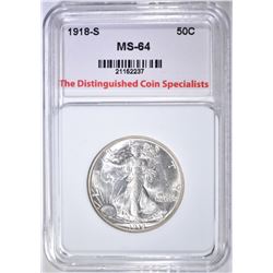 1918-S WALKING LIBERTY HALF DOLLAR, TDCS CH/GEM BU