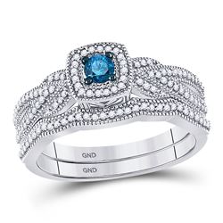 10kt White Gold Womens Round Blue Color Enhanced Diamond Bridal Wedding Ring Set 3/8 Cttw