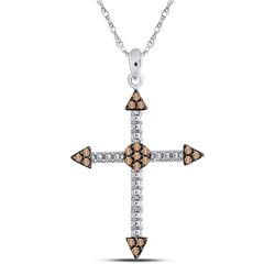 10kt White Gold Womens Round Brown Diamond Cross Beaded Pendant 1/6 Cttw