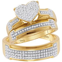 10kt Yellow Gold His Hers Round Diamond Heart Matching Bridal Wedding Ring Band Set 1/2 Cttw