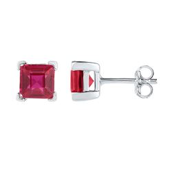 Sterling Silver Womens Princess Lab-Created Ruby Solitaire Stud Earrings 2.00 Cttw