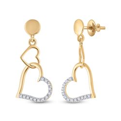 14kt Yellow Gold Womens Round Diamond Heart Dangle Earrings 1/10 Cttw