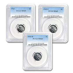 1943 P-D-S Lincoln Cent 3-Coin Set MS-65 PCGS