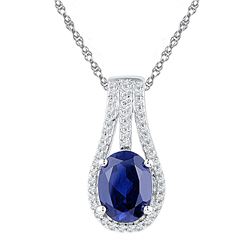 Sterling Silver Womens Oval Lab-Created Blue Sapphire Solitaire Pendant 1-3/4 Cttw