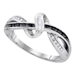 Sterling Silver Womens Round Black Color Enhanced Diamond Crossover Band Ring 1/8 Cttw